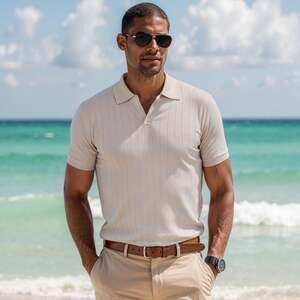 Collars & Co. The Maranello Vintage Stripe Polo Almond - Tailored Fit size L